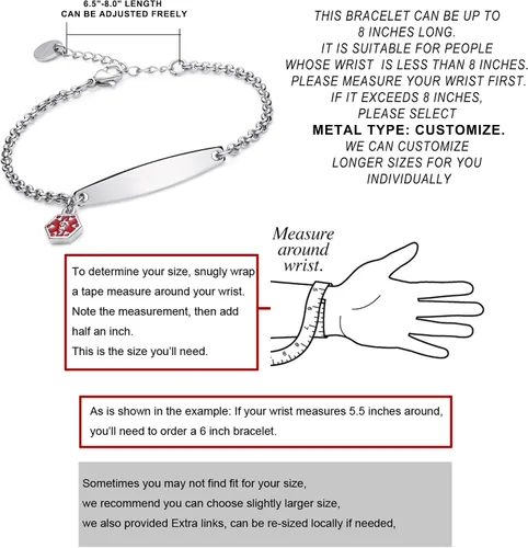 Vista 5 de LinnaLove - Pulsera de identificación de alerta médica con cadena Rolo simple pregrabada para mujer
