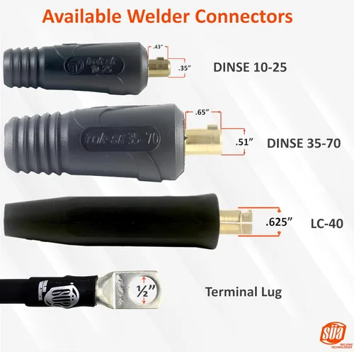 Vista 7 de SÜA - Conjunto de cables de soldadura de 200 amperios - Conector Dinse 35-70 - Cable de cobre 100% AWG # 2 (15 pies cada plomo)