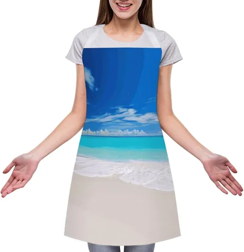 Vista 3 de MUSM White Beach Tropical Sea Apron，Classic Vintage Funny with Pockets Aprons,Adjustable Bib Waterdrop Resistant for Kitchen Cooking Restaurant BBQ
