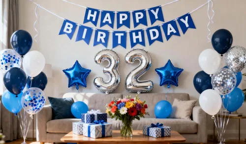 Vista 9 de Decoración de fiesta de cumpleaños número 30 para hombres, pancarta de feliz cumpleaños, color azul, plateado, número 30, globos de papel