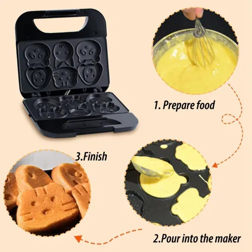 Vista 5 de Animal Mini WaffleMaker 6 Tortitas en forma de animal Máquina de desayuno antiadherente Waffler Iron Hogar para niños Adultos Regalo divertido US
