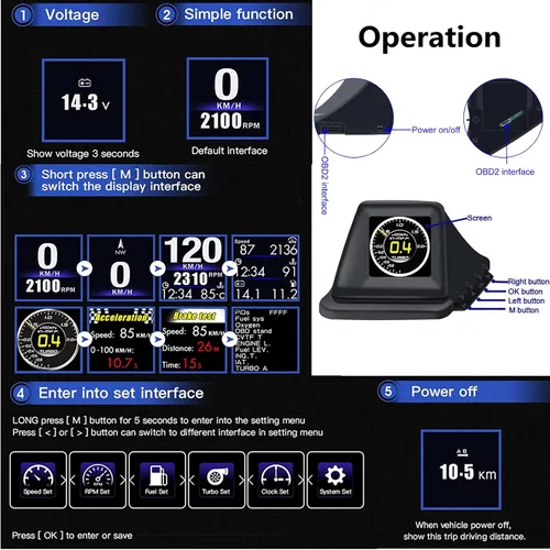 Vista 4 de Geloo Pantalla frontal HUD para automóvil, pantalla HUD OBD2 con OBDII GPS Dual System OBD2 Velocímetro Medidor 8 modos Multifunción Medidor