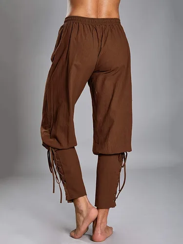 Vista 6 de Pantalones de tobillo medievales para hombre, disfraz de pirata vikingo, renacentista, con cordones, con bandas cónicas, pantalones casuales