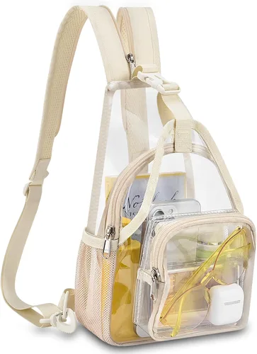 Vista 9 de Mildbeer Mochila pequeña transparente para mujer, bandolera y hombro convertibles, bolsa de festival aprobada por estadios para conciertos y uso