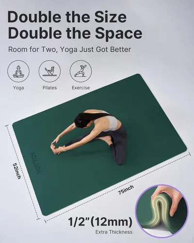 Vista 3 de YOTTOY Tapete de yoga grande (75 x 52 x 1/2 pulgadas), tapete de ejercicio TPE extra ancho, tapete de entrenamiento antideslizante para pilates
