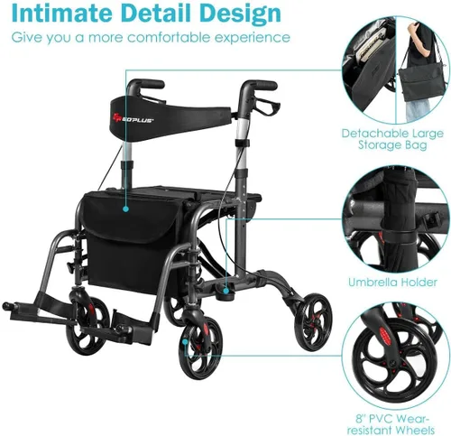 Vista 9 de GOPLUS Andadores con ruedas 2 en 1 para personas mayores, andador plegable con asiento, rueda de 8 pulgadas, combinación de andador médico y silla