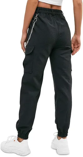 Vista 3 de ZAFUL Women's Casual Cargo Pants with Pockets High Waist Jogger Pants Baggy Chain y2k Streetwear Pants