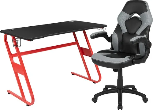 Vista 26 de Flash Furniture Juego de escritorio para juegos negro y silla de carreras blanco/negro con soporte para tazas, gancho para auriculares y soporte