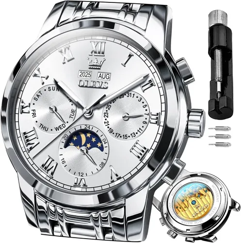 Vista 13 de OLEVS Relojes para hombre automático mecánico de cuerda automática reloj de pulsera multifunción calendario impermeable luminoso