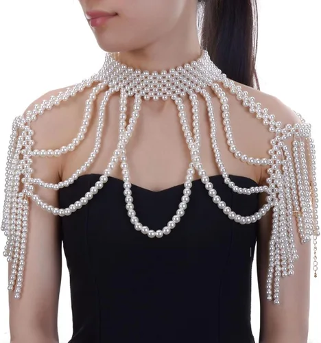 Vista 3 de Jerollin Collar de perlas simuladas para mujer, collar babero de moda, collar de bisutería, decoración corporal