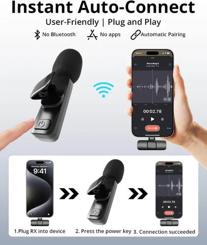 Vista 7 de Micrófono Lavalier inalámbrico para iPhone, Android, iPad, tabletas, mini micrófono Bluetooth con cancelación de ruido, transmisión de 65 pies