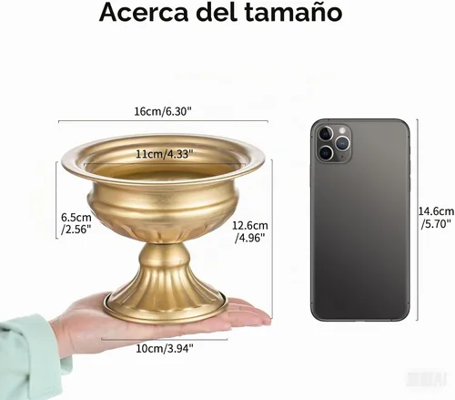 Vista 5 de Jarrones de metal para centros de mesa, Hewory Jarrón dorado de compota con pedestal floral Contenedor a granel, cuencos de latón mini con pie