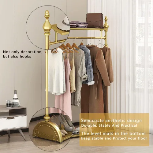 Vista 2 de Perchero de Ropa Dorado, Perchero de Ropa Industrial para Colgar Ropa con Estantes Dobles Independiente Multifuncional de Servicio Pesado Perchero