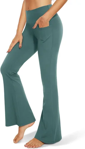 Vista 44 de TNNZEET Leggings acampanados negros para mujer, pantalones de yoga cruzados con bolsillos, corte de bota, leggings acampanados