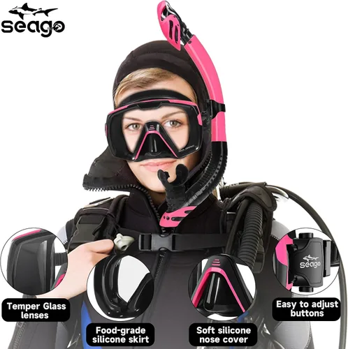 Vista 2 de Seago Juego de máscara de buceo de buceo en seco, vista amplia de 180⁰, a prueba de fugas, antivaho, ajuste cómodo para adultos