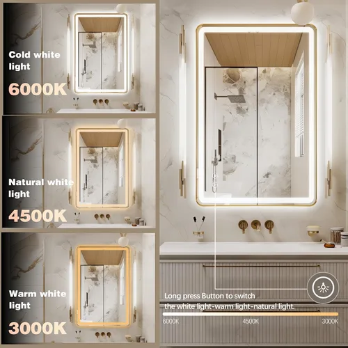 Vista 3 de Espejo de baño LED rectangular, 36 x 28 pulgadas, antiempañamiento, doble tacto, iluminado, espejo de tocador de pared con marco de metal biselado