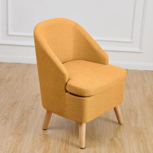 Vista 11 de Bonita silla tapizada color beige con estilo de barril, sofá individual redondo de tela similar al lino de algodón para patas de madera, sala