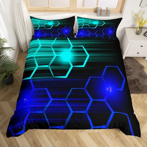 Vista 19 de Feelyou Juego de ropa de cama verde y negro tamaño individual para niños y adolescentes, juego de funda de edredón con temática hexagonal