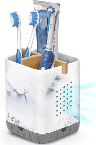 Vista 8 de Boperzi Portacepillos de dientes negros para baño, soporte eléctrico para cepillos de dientes con divisor de bambú, cepillo de dientes