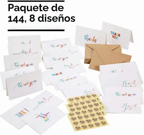 Vista 2 de Ohuhu 144 tarjetas de agradecimiento a granel con sobres, juego de notas de agradecimiento con elegantes 8 diseños de arcoíris coloridos, tarjeta