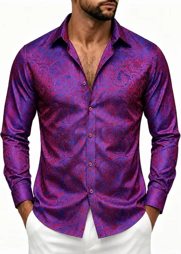 Vista 43 de DiBanGu Camisa de vestir de paisley de seda para hombre, formal, de manga larga, con cuello abotonado, camisas informales para fiesta de boda Negro