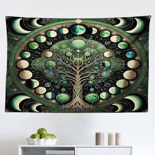 Vista 98 de Ambesonne Tapiz verde, fases lunares alrededor de un árbol de la vida, impresión de diseño bohemio de astrología nocturna, decoración de tela