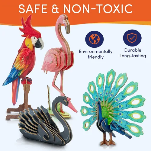 Vista 6 de Rompecabezas de madera 3D 4 coloridos pájaros de juguete para niños, kits de construcción de modelos, rompecabezas de cerebro, kits educativos STEM