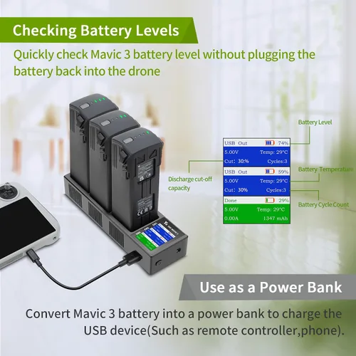 Vista 7 de Hanatora Multi Function Charger with Storage Charge,Discharge for DJI Mavic 3 Series Battery,Wall & Car Parallel Charing hub for Mavic 3 Pro Classic