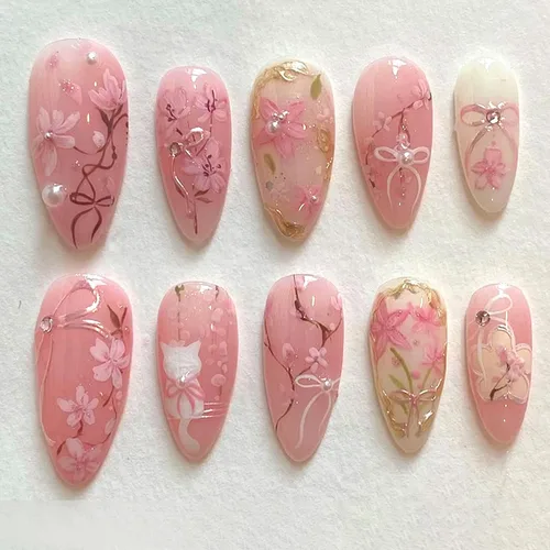Vista 18 de 24 piezas de uñas postizas de punta francesa a presión, uñas postizas medianas en forma de almendra con diseño de ondas azul oscuro, uñas postizas