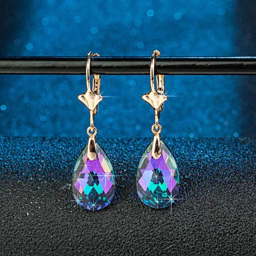 Vista 3 de Aretes con dijes con forma de lágrima de cristal austriaco, para mujer, cierre catalán, chapados en oro de 14 quilates joyas hipoalergénicas