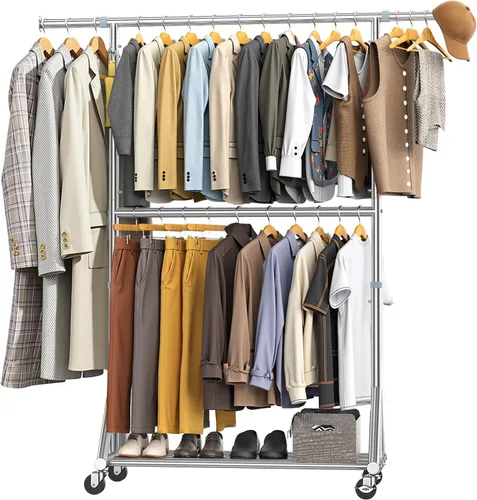 Vista 7 de Perchero resistente con carga de 760 libras, estante de ropa con ruedas de doble nivel, altura ajustable para colgar ropa, estante de metal