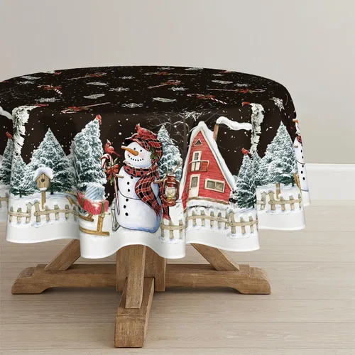 Vista 7 de Horaldaily Mantel de Navidad rectangular de 52 x 70 pulgadas, casa de muñeco de nieve de invierno, árboles de Navidad, color negro, lavable