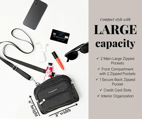 Vista 4 de Baggallini Bolsa cruzada pequeña con triple cremallera para mujer, 8 x 6 pulgadas, ligera, convertible