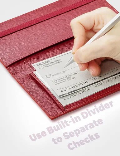 Vista 115 de Yarnic Funda para chequera personal, soporte para chequera con soporte para bolígrafo y divisor de plástico transparente integrado para cheques Rosa