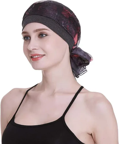 Vista 3 de Elegante gorro de quimioterapia con bufandas sedosas para mujeres con cáncer para pérdida de cabello