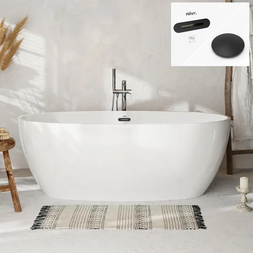 Vista 9 de FerdY Tahití - Bañera de acrílico independiente de 55 pulgadas, elegante bañera de remojo de forma ovalada, blanco brillante, drenaje dorado