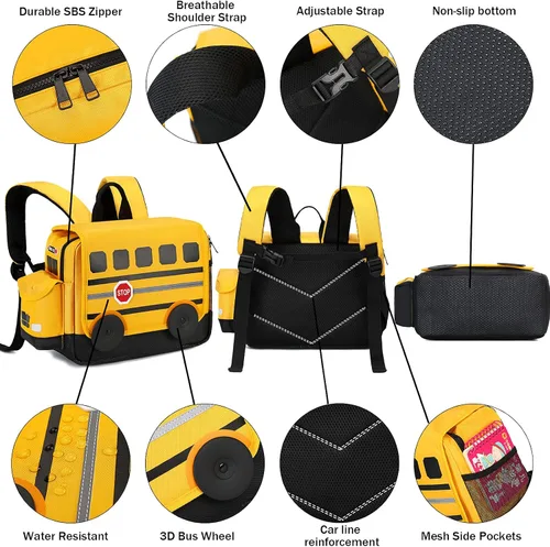 Vista 2 de Mochila para niños pequeños, preescolar, autobús, bolsa de libros 3D para jardín de infantes con lonchera aislante