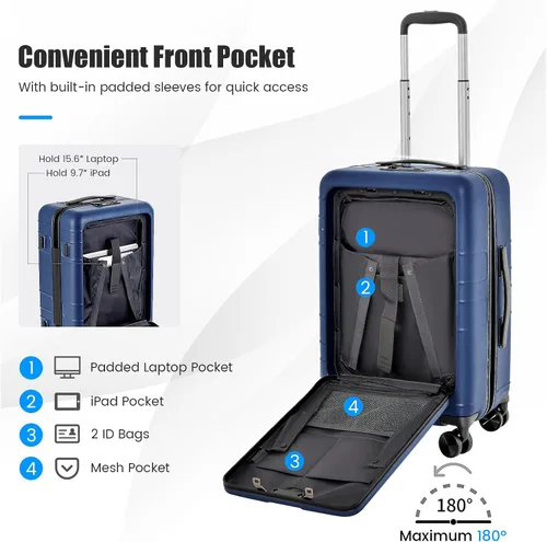 Vista 4 de Goplus Equipaje de mano, maleta rígida de policarbonato de 20 pulgadas con bolsillo frontal, mesa plegable, puerto de carga USB, doble bloqueo TSA