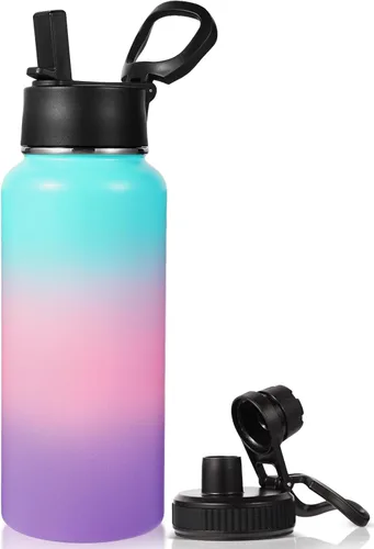 Vista 23 de Neihepal Botella de agua aislada de 32 onzas con 2 tapas (tapa con pajilla y boquilla), botellas de agua de doble pared de acero inoxidable 18/8