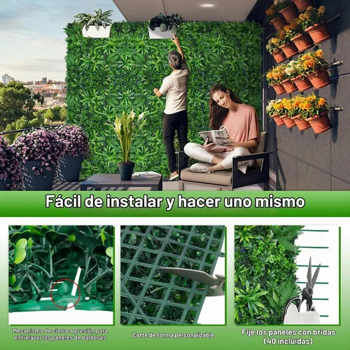 Vista 5 de Paneles de pared de césped artificial, 20"x20" 6 piezas de fondo de césped de seto, paneles de boj de plantas de vegetación falsa anti-UV Money Tree