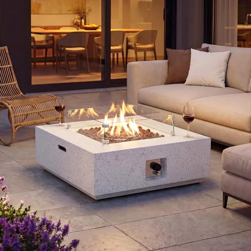 Vista 2 de COSIEST mesa cuadrada de propano para exteriores de arenisca con protector contra el viento, certificada, quemador de acero inoxidable de 50,000