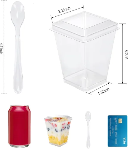 Vista 2 de Paquete de 100 Vasos de Postre de Plástico de 5 oz con Tapas y Cucharas, Vasos de Parfait de Yogur y Aperitivos para Fiestas, Mini Vasos de Postre