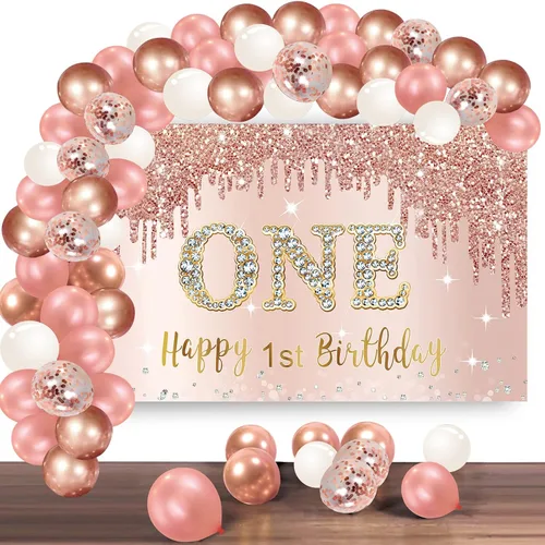 Vista 12 de Cartel de feliz cumpleaños 13 con arco de guirnalda de globos de confeti, juego de globos de oro rosa para niñas, póster de cumpleaños rosa de 13