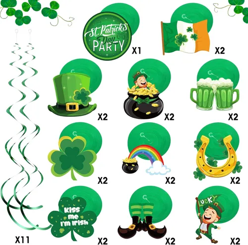 Vista 2 de 30 piezas de decoración colgante del día de San Patricio, trébol irlandés de la suerte, trébol, duende, herradura, letrero de papel de aluminio