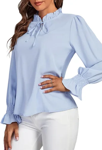 Vista 3 de Rooscier Blusa elegante de manga larga con volantes y cuello alto falso para mujer