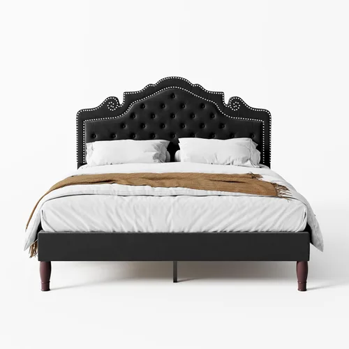 Vista 7 de WEEWAY Base de cama de plataforma de tamaño matrimonial con tiara ajustable de terciopelo, cabecero curvado y alta resistencia, botón tapizado