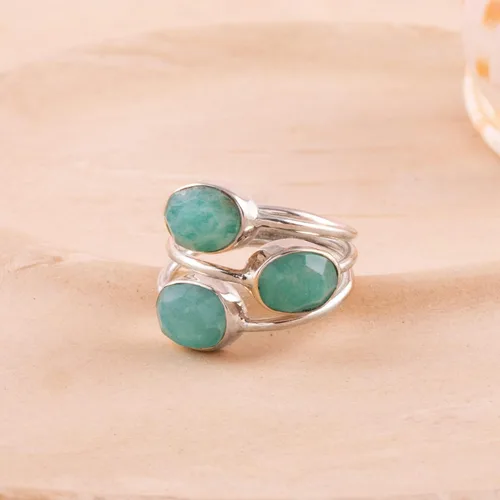 Vista 3 de Amazonite - Anillo de plata de ley 925 maciza hecho a mano con 3 piedras