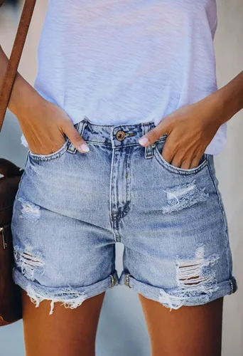 Vista 3 de HUUSA Pantalones cortos de mezclilla rasgados para mujer, cintura alta, desgastados, casuales, dobladillo enrollado, pantalones cortos con bolsillos