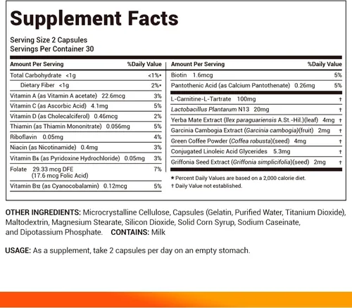 Vista 9 de DrBioCare Suplemento de probióticos de L-carnitina, contiene L-carnitina, probióticos, café verde en polvo, extracto de yerha mate, extracto