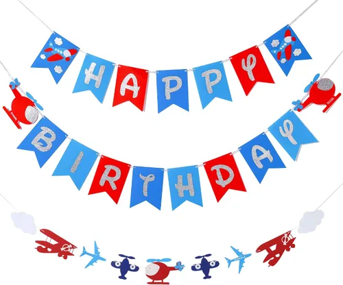 Vista 2 de Cartel de cumpleaños de avión y decoración de guirnalda para aviador, aviación, fiesta temática de cumpleaños, pancarta de fieltro con purpurina